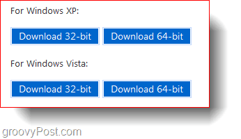 32-битна и 64-битна преузимања за Виндовс КСП и Виндовс Виста