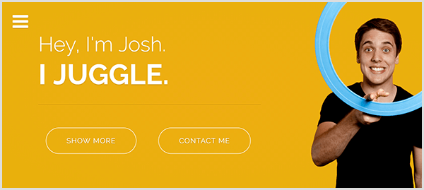 Веб локација Јосх Хортона за жонглирање има жуту позадину, фотографију Јосха како се смеши и врти светлоплави прстен за жонглирање око кажипрста и бели текст који каже „Хеи И'м Јосх“. Жонглирам.