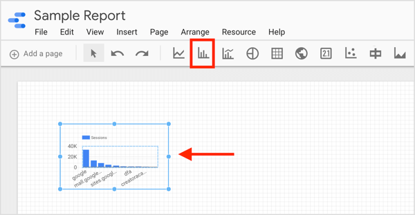Кликните на икону елемента који желите да направите и нацртајте оквир у извештају.