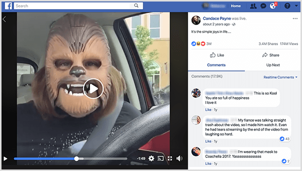 Цандаце Паине кренула је уживо на Фејсбуку у масци Цхевбацца са Кохловог паркинга. У време снимања ове снимке екрана, њен видео је имао 3,4 милиона дељења и 174 милиона прегледа.