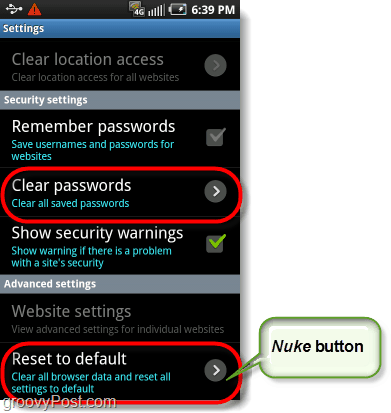 Андроид тастер нуке прегледача, ресетовање на фабричке вредности и брисање лозинки