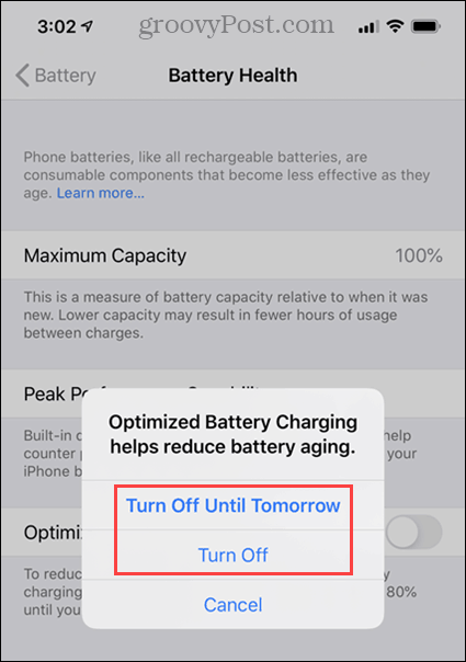 Искључите опције за Оптимизовано пуњење батерије на иПхоне-у