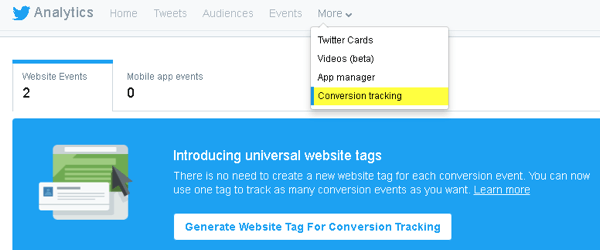 Твиттер вам омогућава додавање кода на вашу веб локацију за праћење конверзија и стварање прилагођене публике.