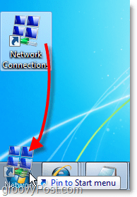 превуците пречицу са радне површине у стартни мени да бисте повезали мреже у Виндовс 7 једноставан приступ