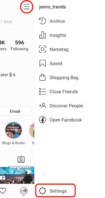Клизни мени Инстаграм пословног профила са опцијом Подешавања