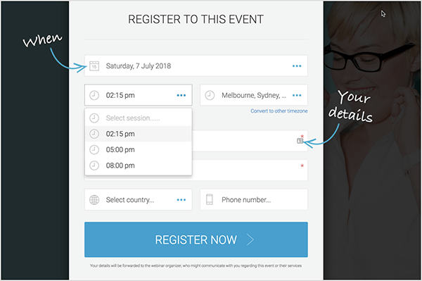 Андрев Хуббард користи зимзелени вебинар тако да потенцијални клијенти могу да одаберу погодно време за регистрацију. Овај образац за регистрацију омогућава људима да бирају између 11:45, 14 или 17 сати.