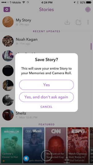 Додирните Да да бисте сачували своју Снапцхат причу.