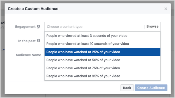 Фацебоок прилагођена публика заснована на 25% прегледа видеа.