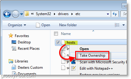 Снимак екрана за Виндовс 7 - користите десни клик десног клика да бисте преузели власништво над било којом датотеком у оперативном систему Виндовс 7