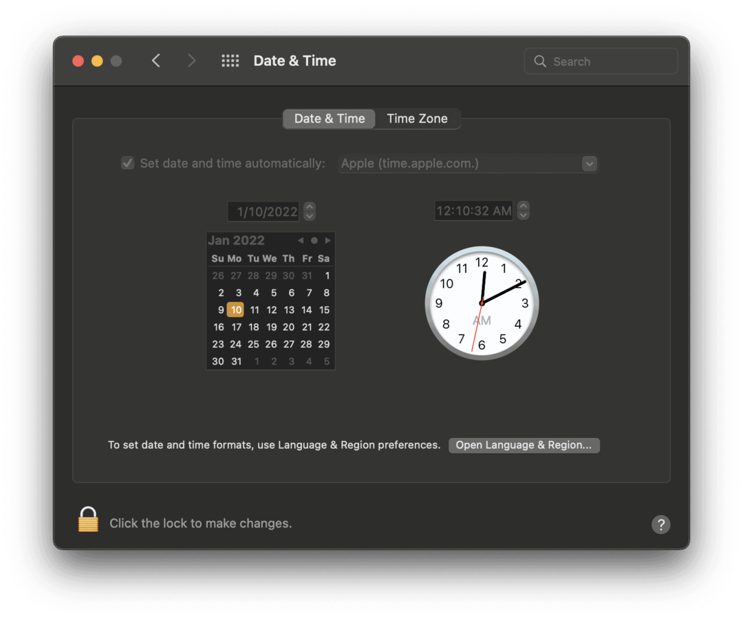 Екран Датум и време у Системским подешавањима