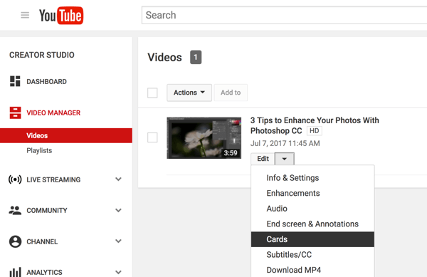 У ИоуТубе видео менаџеру кликните стрелицу надоле поред Едит (Уреди) и изаберите Цард (Карте).