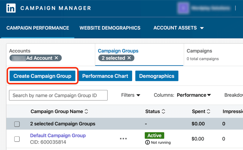 контролна табла менаџера управитеља кампања са истакнутим дугметом за стварање групе кампања