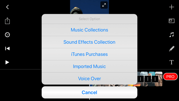 Направите Филммакер Про Инстаграм причу корак 5 који приказује аудио могућности.