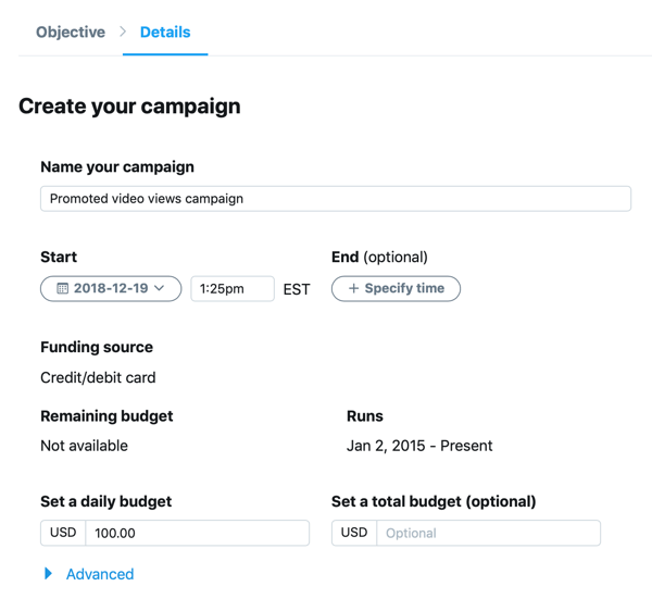 Пример подешавања кампање за Твиттер оглас за промовисани видео приказ.
