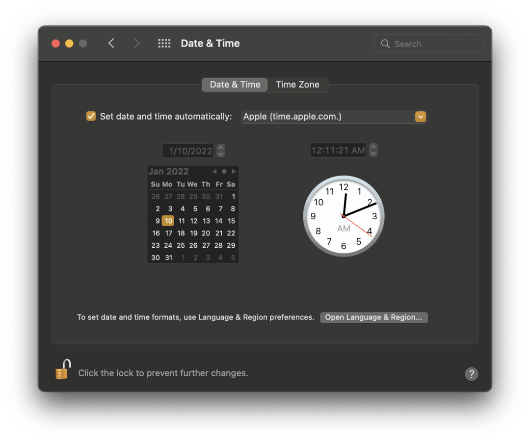 Откључајте екран Датум и време у Системским подешавањима уносом лозинке