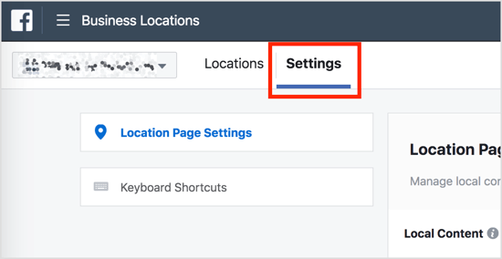 Да бисте контролисали видљивост на страницама локација, отворите контролну таблу Бусинесс Лоцатионс и кликните картицу Сеттингс.