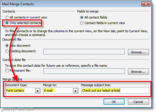 Снимак екрана програма Оутлоок 2010 - проверите да ли су опције исправне под контактима за спајање поште