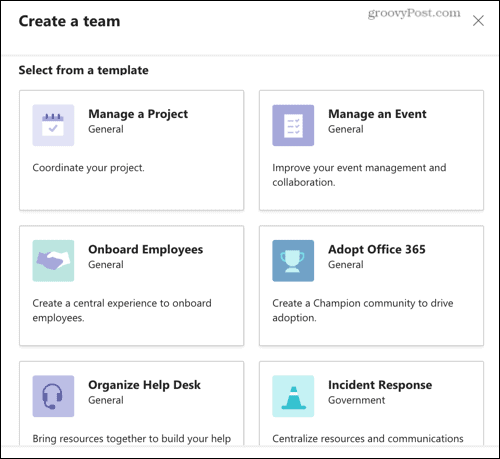 Изаберите један од шаблона Мицрософт Теамс