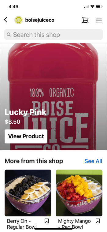 пример инстаграм куповине производа од @боисејуицецо који приказује срећно ружичасту боју за 8,50 долара и мање од овога у продавници се појављују обичне зделе бобица и моћна здела манга, заједно са опцијом претраживања радње