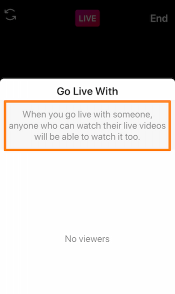 снимак екрана услуге Инстаграм Ливе који приказује поруку: Када уживо пређете са неким, моћи ће да га гледа и свако ко може гледати његове видео снимке уживо.