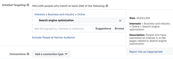 Пример стандардног фејсбук циљања за интересовање за оптимизацију претраживача, што доводи до превелике публике, од 25 милиона.