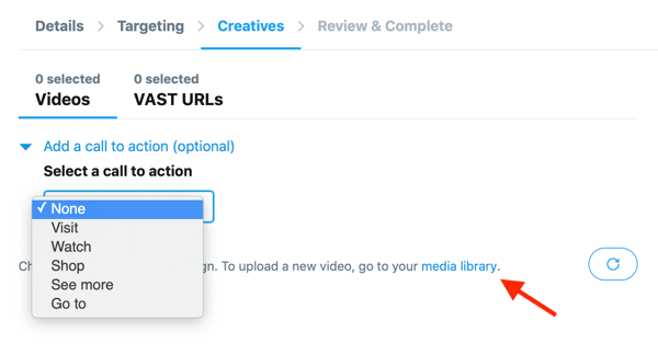 Опције за постављање позива на акцију за ваш видео који хостује Твиттер, а за ваш оглас у прегледу видео записа (пре покретања) на Твиттеру.