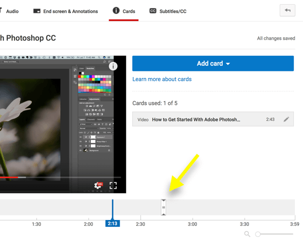Померите маркер на место где желите да се картица појави у вашем ИоуТубе видеу.