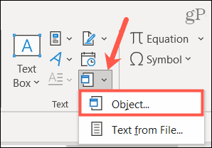 Изаберите Објекат да бисте уградили датотеку у Ворд