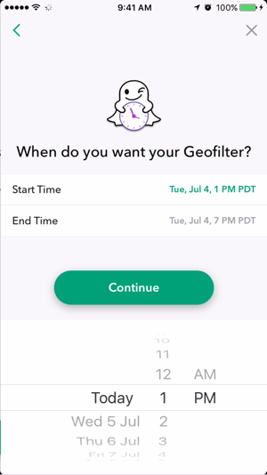 Изаберите датум и време да ваш Снапцхат геофилтер буде активан.
