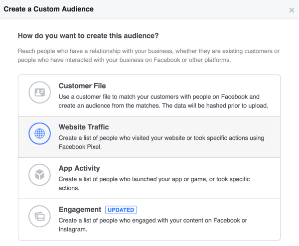 Изаберите Траффиц Траффиц да бисте креирали прилагођену публику на основу људи који су посетили вашу веб страницу.