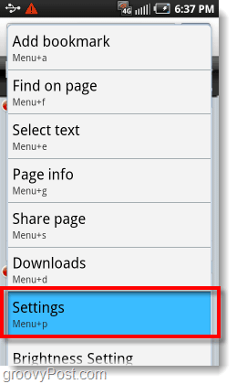 приступите менију поставки у прегледачу Андроид