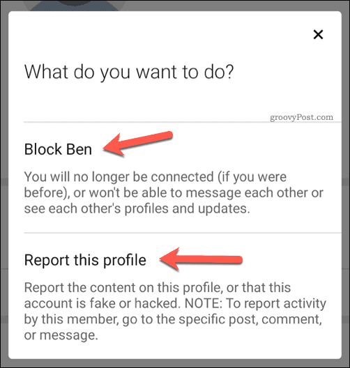 Избор блокирања или пријављивања корисника у ЛинкедИну