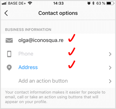 додајте контакт податке за пословни налог у Инстаграму