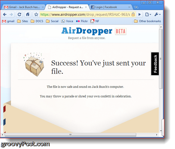 Послана датотека за успех снимка екрана са Дропбок Аирдроппер-а