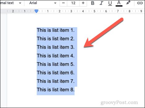 Изабрани текст у Гоогле документима за употребу као листа.