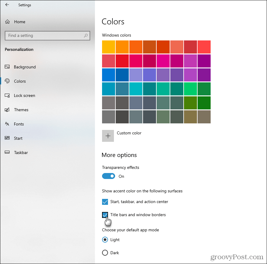 Прикажите опције акцентне боје у оперативном систему Виндовс 10