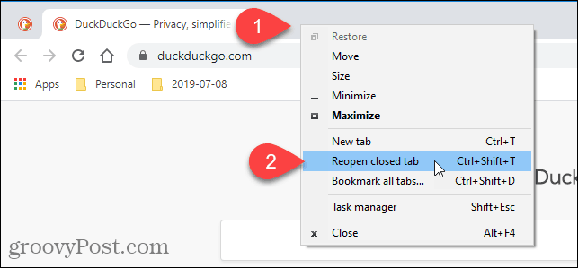 Изаберите Поново отвори затворену картицу у Цхроме-у