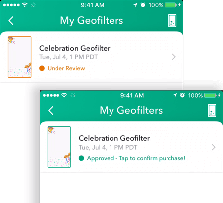 Једном када ваш Снапцхат геофилтер буде одобрен, његов статус ће се приказати као одобрен на екрану Ми Геофилтерс.