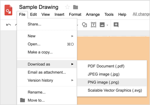 Изаберите Датотека> Преузми као> ПНГ слику (.пнг) да бисте преузели свој дизајн Гоогле цртежа.