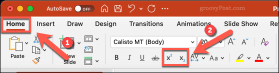 Иконе за промену текста у индекс или надпис у програму ПоверПоинт на Мацу