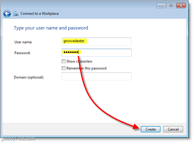 откуцајте своје корисничко име и лозинку, а затим створите везу у оперативном систему Виндовс 7