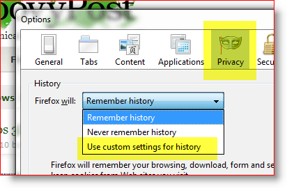 Фирефок - користите прилагођена подешавања за историју