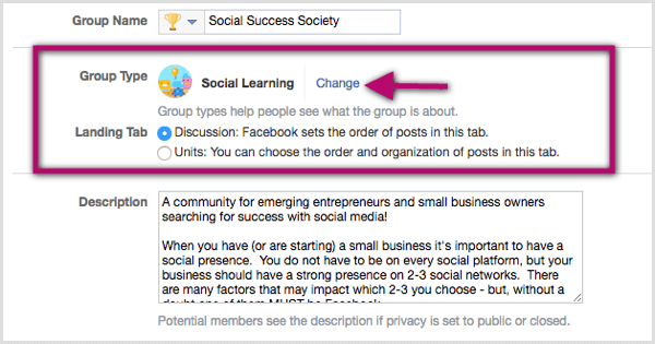 Кликните везу Промени поред постојеће класификације група и изаберите Друштвено учење.