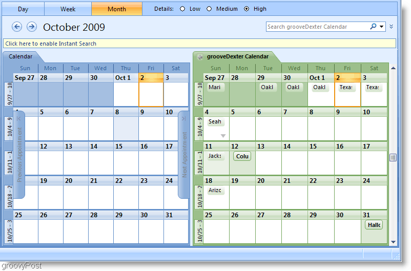 Снимак екрана календара Оутлоок 2007