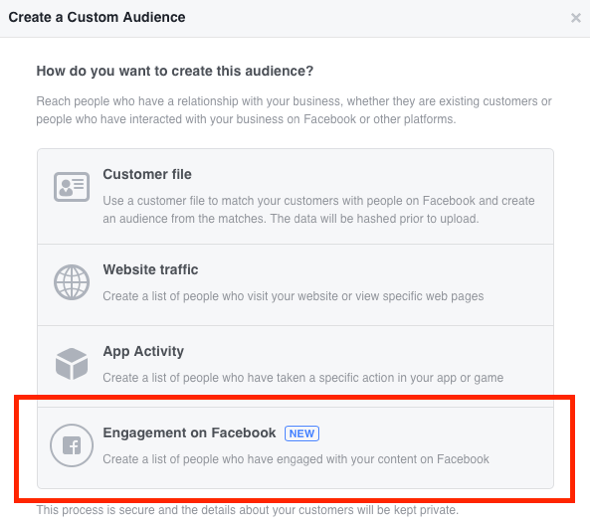 Изаберите „Ангажман“ на Фејсбуку као врсту прилагођене публике коју желите да креирате.