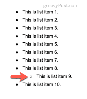Пример листе на више нивоа у Гоогле документима