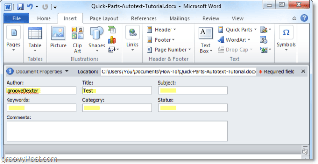 прилагодите својства документа с плоче с документима у ријечи 2010