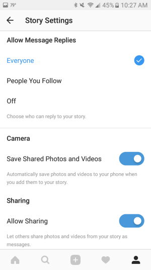 Користите подешавања за аутоматско чување фотографија и видео записа које додате у причу на паметни телефон