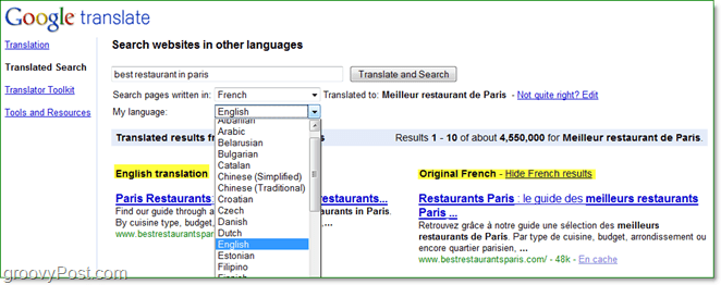 тражите интернетске странице на различитим језицима и читајте их на свом језику користећи преведени серацх од Гоогле-а