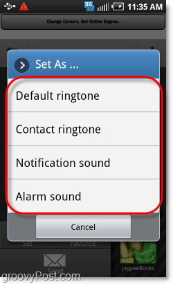 подесите звук као мелодију звона, обавештење, аларм или контакт